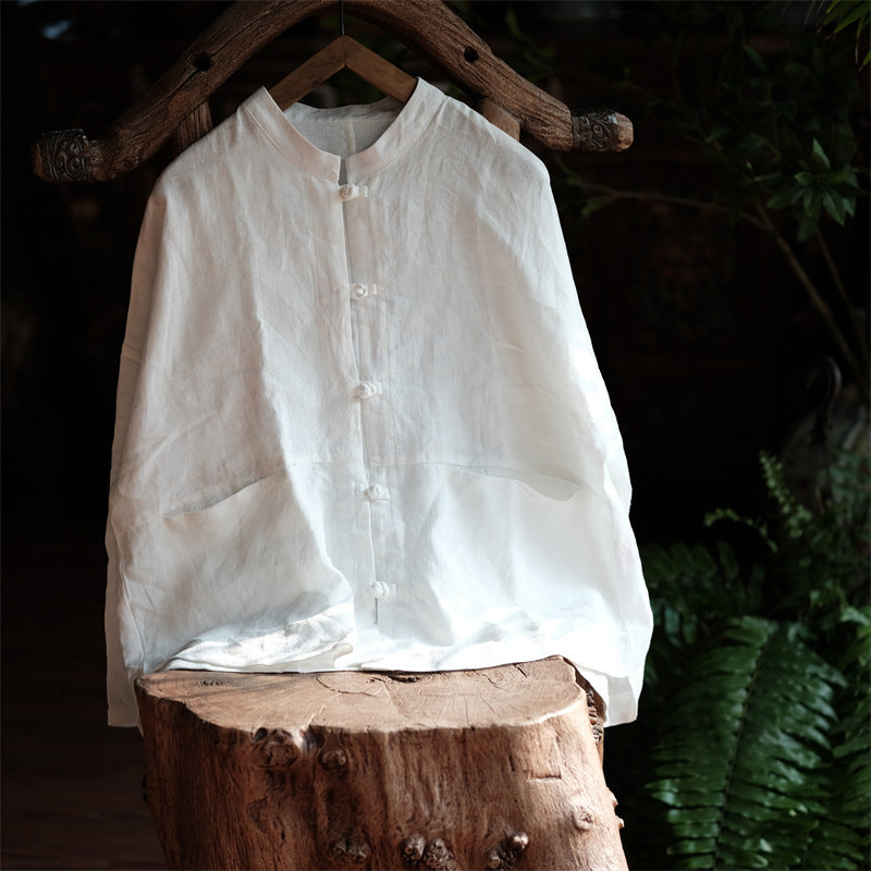 Vintage Chinese white linen shirt, linen frog button shirt