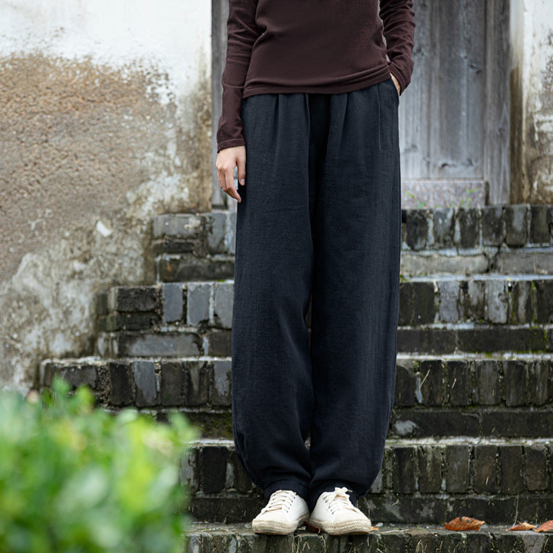 Winter linen wide leg pants, loose casual elastic waist linen pants