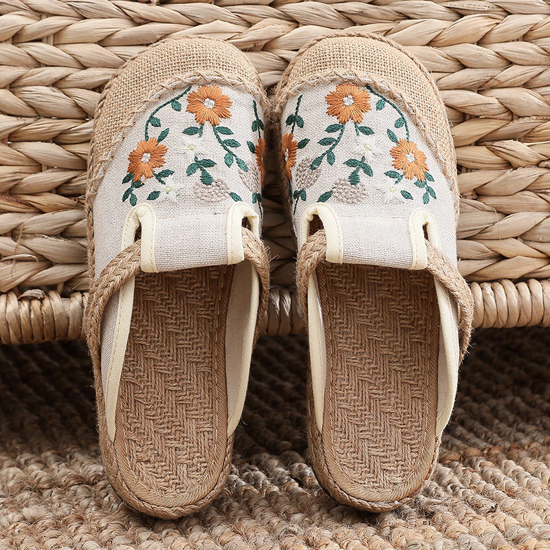 Summer Flower Embroidery Slippers,Vintage Handmade Cotton Linen Shoes,Bohemian Slippers