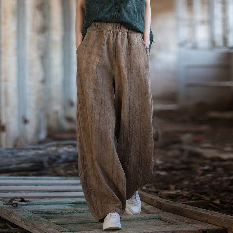 Linen pants, vintage women stonewashed linen wide leg pants, loose linen pants, elastic waist cotton linen casual pants, summer linen pants