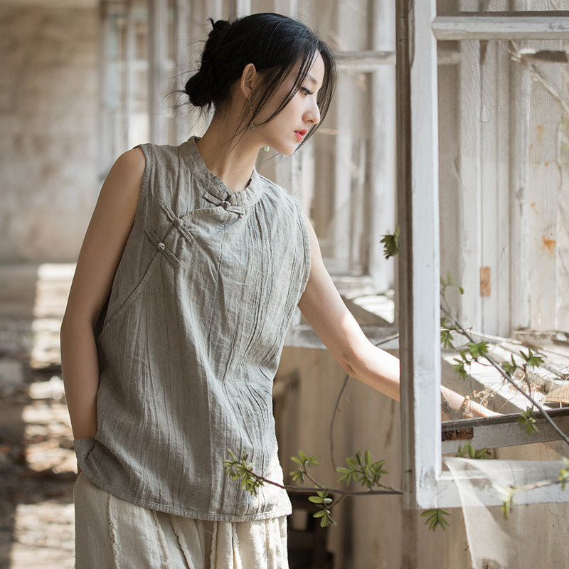 Chinese Standing Collar Frog Button Sleeveless Top, Vintage Tie-Dye Stone Washed Pleated Cotton Linen Sleeveless Shirt