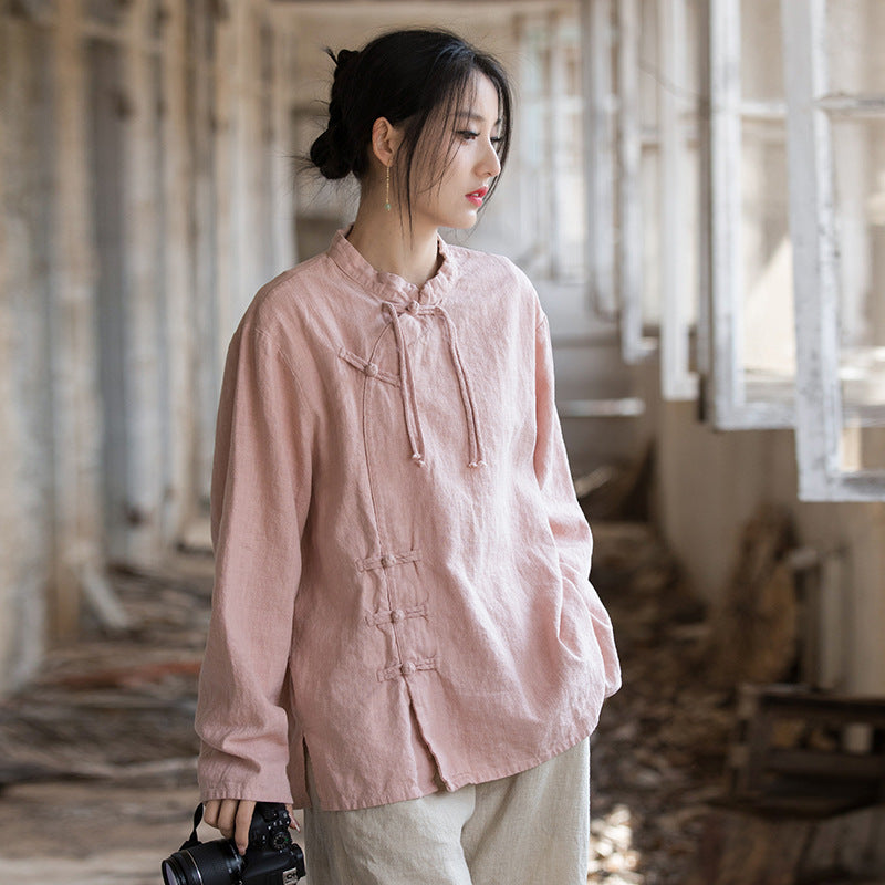 Vintage Chinese stand-up collar frog button long sleeve shirt, tie-dye stone washed pleated cotton linen shirt