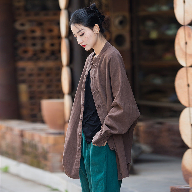 Vintage stand-up collar loose cotton linen shirt, Chinese casual linen frog button shirt plus size