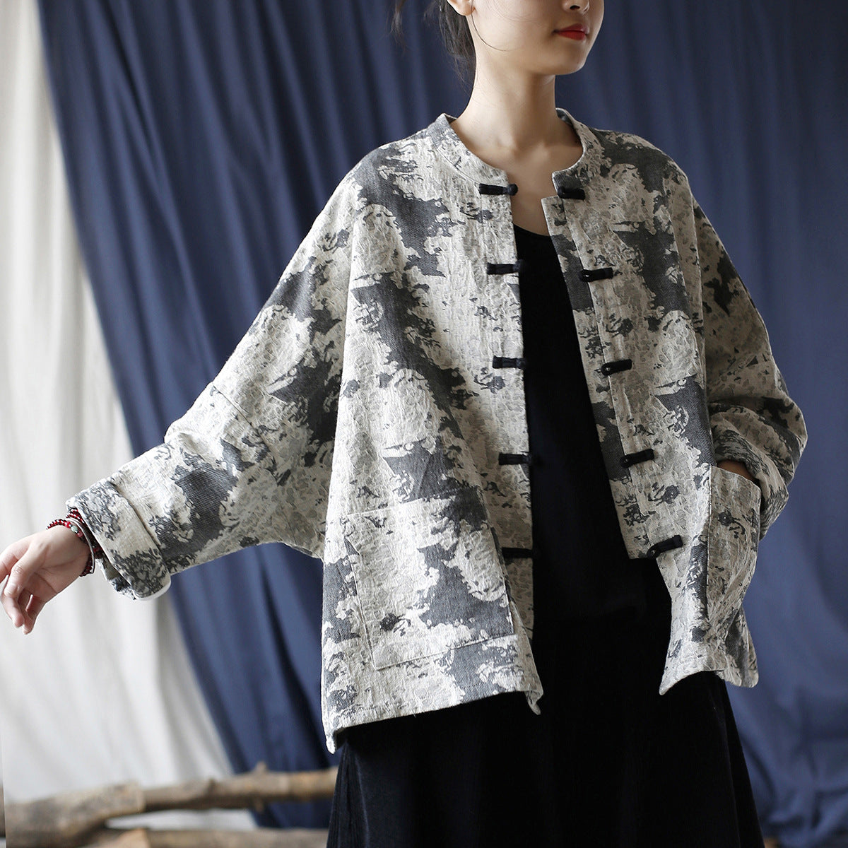 Chinese Vintage Standing Collar Printed Cotton Jacket,Loose Casual Jacket