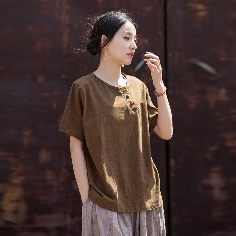 Summer Cotton Linen Short Sleeve Body T-Shirt, Vintage Boat Neck Cotton Short Sleeve T-Shirt