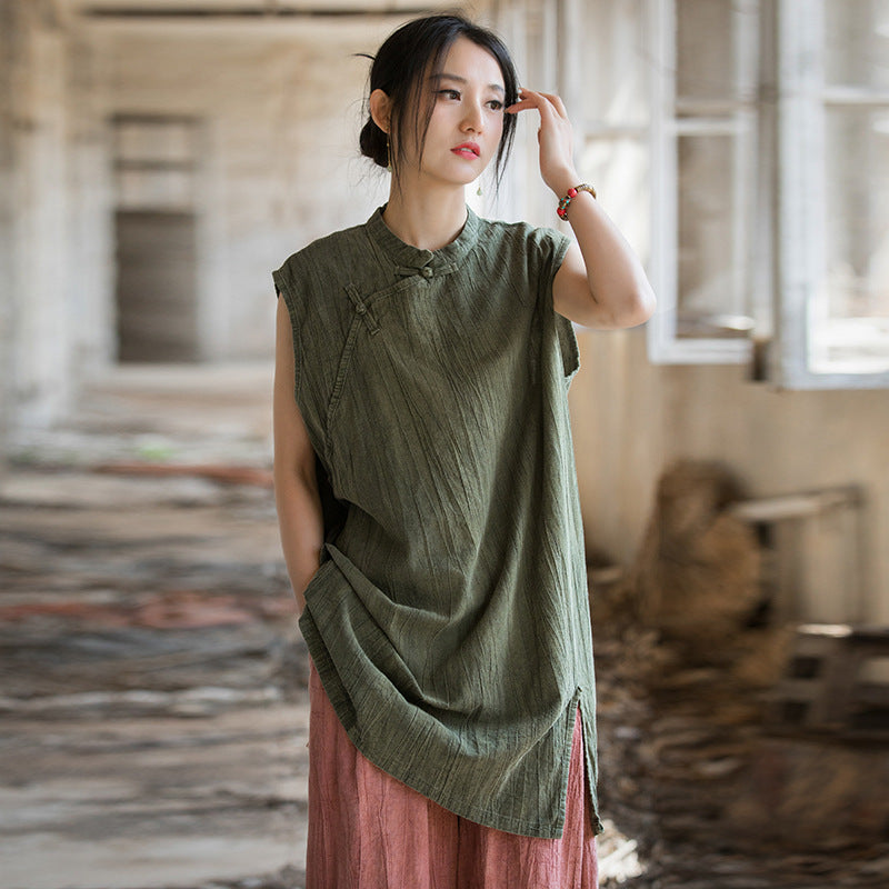 Vintage Standing Collar Cotton Linen Dress, Sleeveless Summer Dress