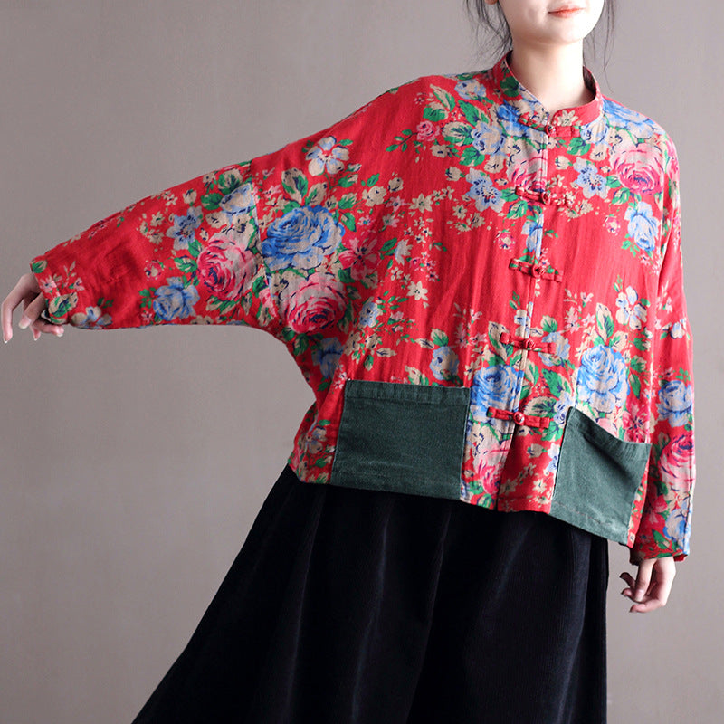 Vintage patchwork printed shirt, Chinese loose casual cotton linen jacket