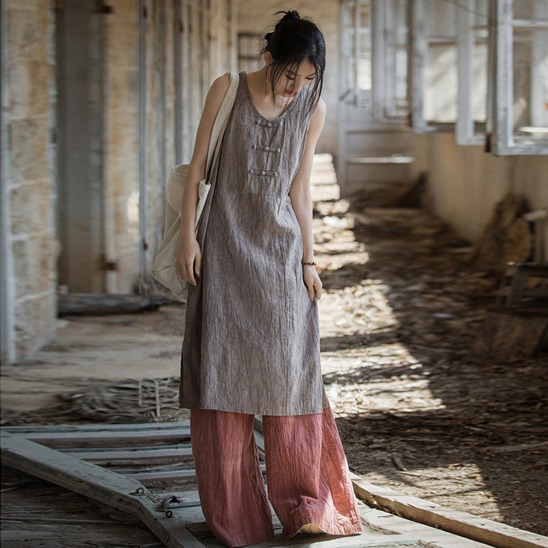 Vintage Stone Washed Cotton  Linen Pleated Boat Neck Dress, Summer Chinese Frog Button Sleeveless Dress