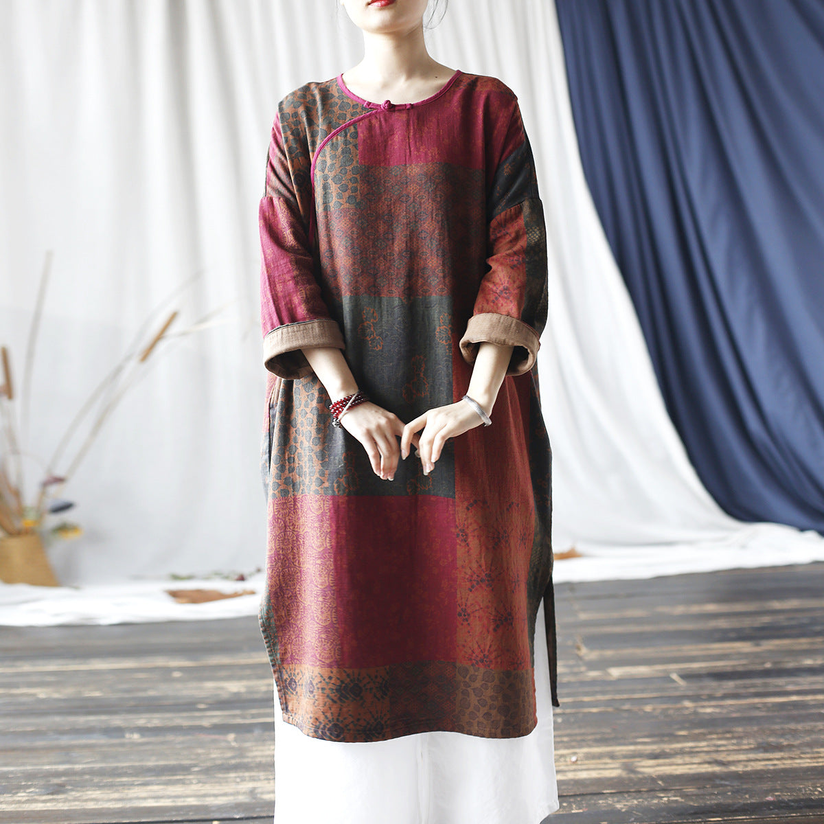 Vintage Boat Neck Printed Cotton Dress, Chinese Loose Casual Dresses