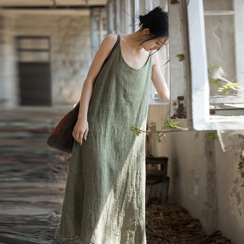 Summer Tie-Dye Sleeveless Dress, Vintage Stonewashed Cotton  Linen Pleated Boat Neck Dresses