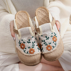 Summer Flower Embroidery Slippers,Vintage Handmade Cotton Linen Shoes,Bohemian Slippers