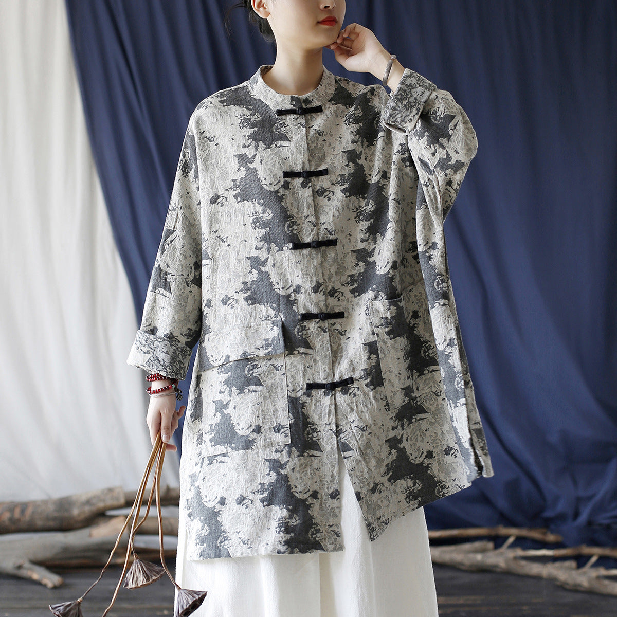 Vintage Chinese Printed Shirt, Loose Casual Linen Long Shirt Plus