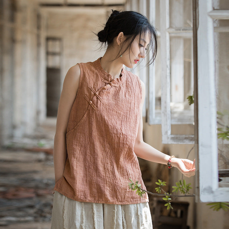 Chinese Standing Collar Frog Button Sleeveless Top, Vintage Tie-Dye Stone Washed Pleated Cotton Linen Sleeveless Shirt