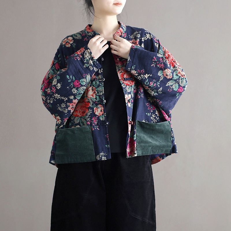 Vintage patchwork printed shirt, Chinese loose casual cotton linen jacket