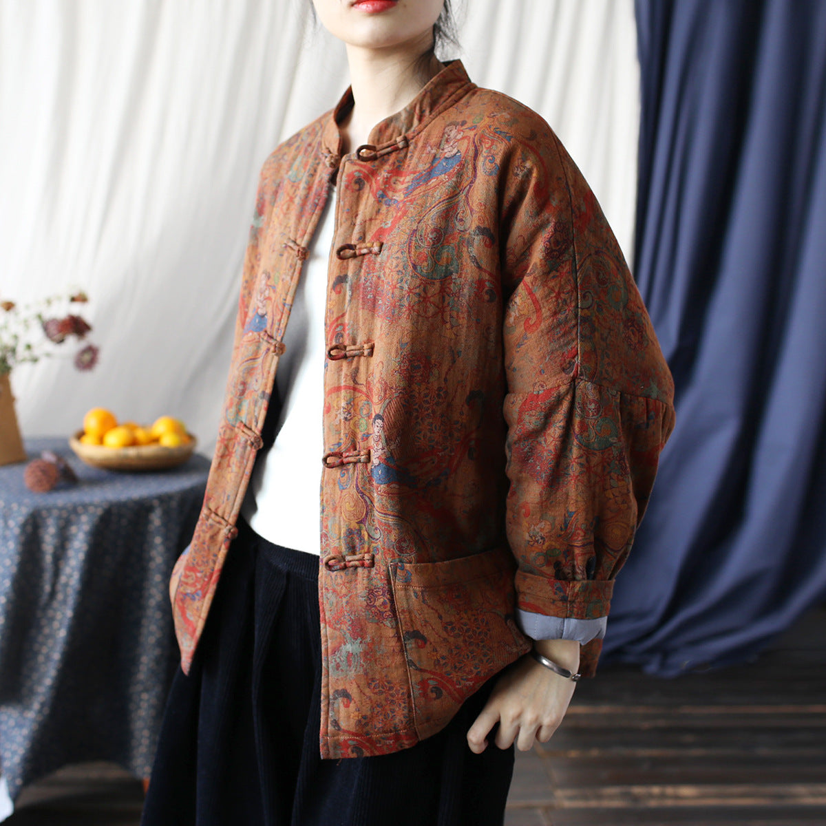 Vintage Printed Jacket, Chinese Standing Collar Cotton and Linen Jacket