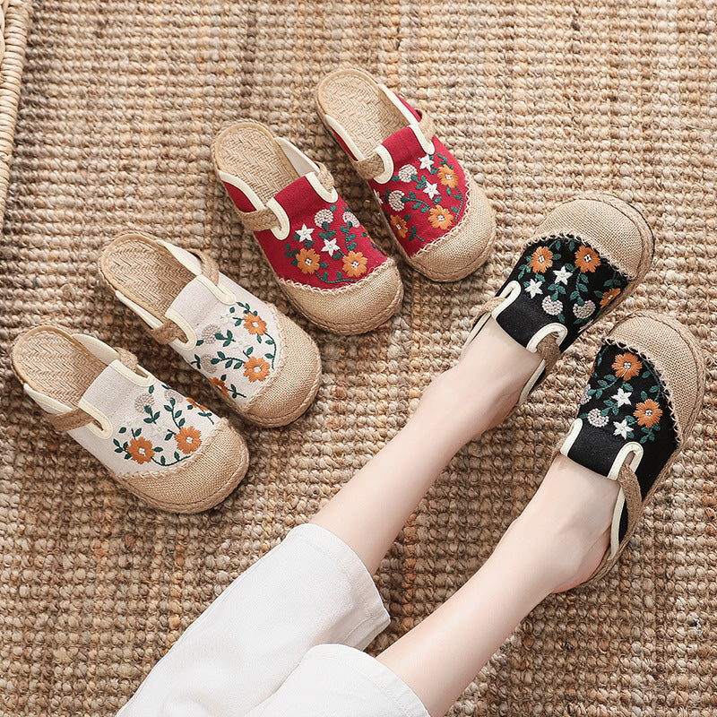 Summer Flower Embroidery Slippers,Vintage Handmade Cotton Linen Shoes,Bohemian Slippers