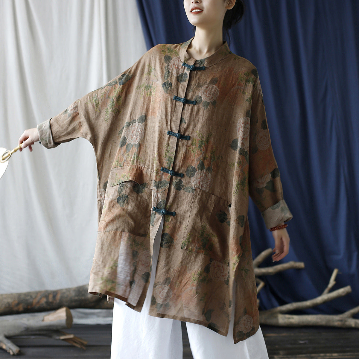 Summer Botanical Printed Linen Shirt, Vintage Chinese Standing Collar Frog Button Casual Long Shirt Plus size