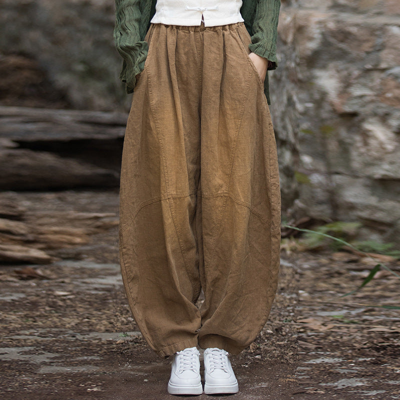 Vintage stonewashed elastic waist summer linen pants