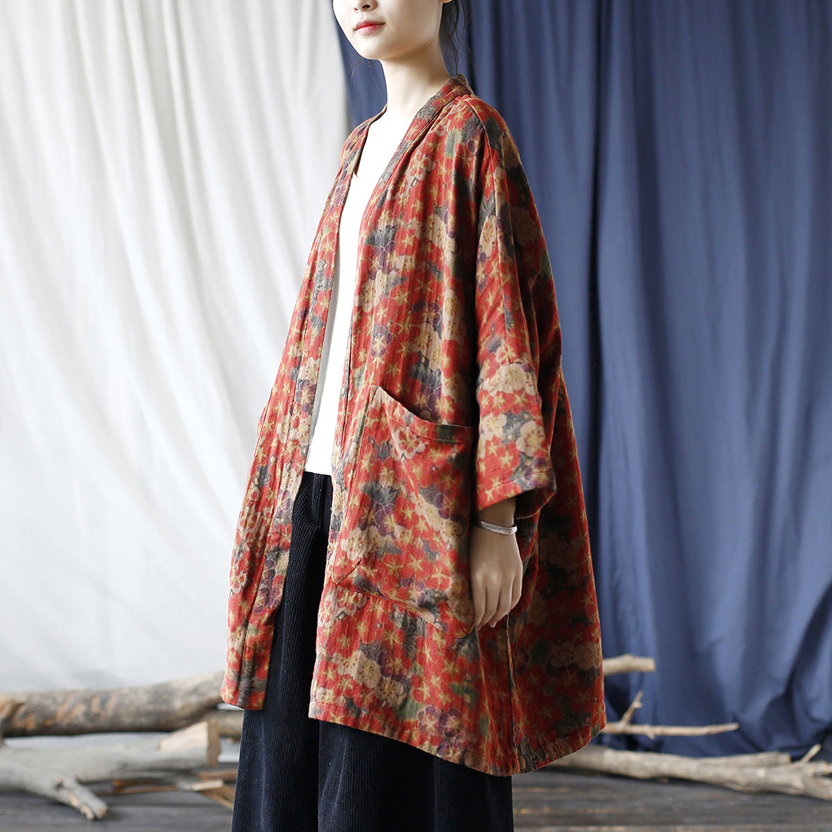 Red Loose Printed Cotton Kimono, Vintage Cotton Jacket