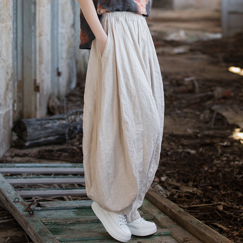 Summer vintage linen harem pants, loose elastic waist casual cotton linen pants, stone washed cotton linen wide leg pants