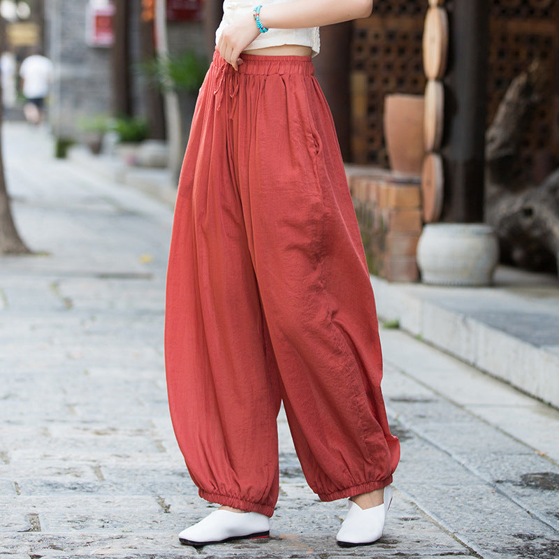 Women's Cotton Linen Harem Wide Leg Pants, Autumn Vintage Linen Cotton Pants, Loose Casual Elastic Waist Cotton Washed Yoga Pants