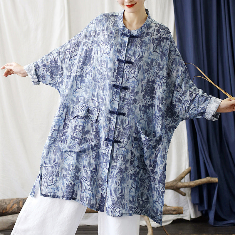 Summer Blue Botanical Printed Linen Shirt, Vintage Chinese Standing Collar Frog Button Casual Long Shirt Plus size