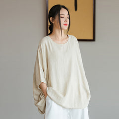 Loose Cotton Linen Boat Neck Shirt, Vintage Casual T-Shirt