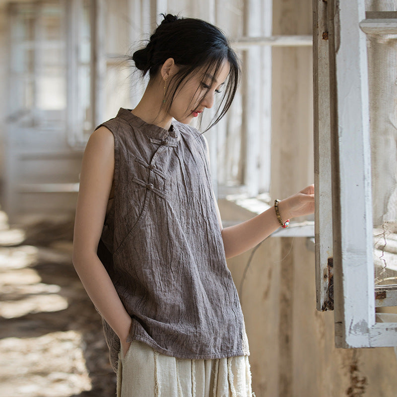 Chinese Standing Collar Frog Button Sleeveless Top, Vintage Tie-Dye Stone Washed Pleated Cotton Linen Sleeveless Shirt