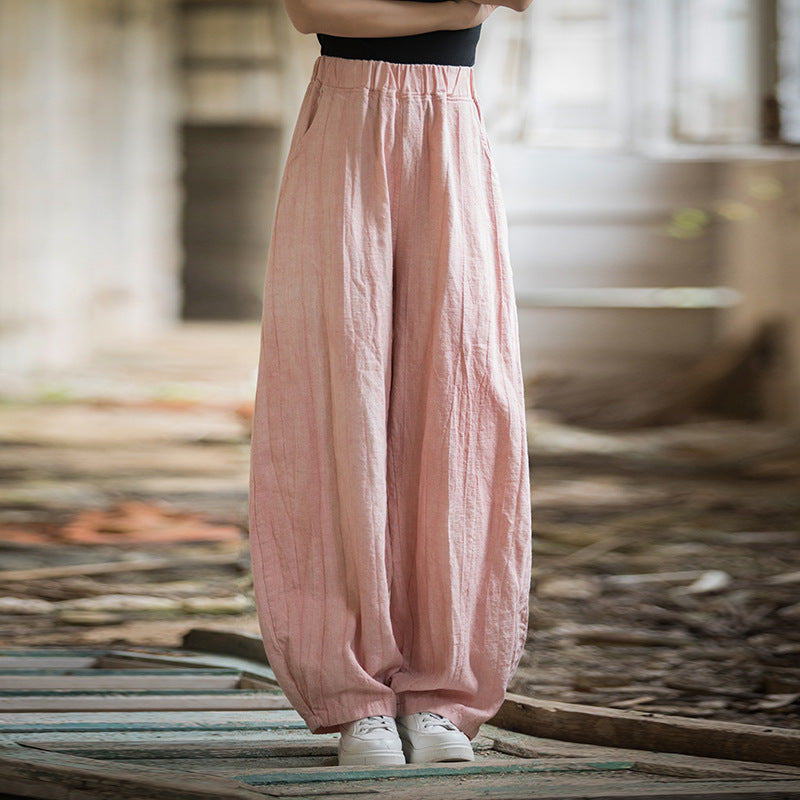 Linen pants, vintage women stonewashed linen wide leg pants, loose linen pants, elastic waist cotton linen casual pants, summer linen pants