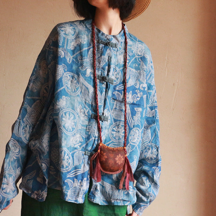 Blue Printed Linen Shirt, Vintage Chinese Standing Collar Linen Shirt