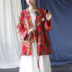 Printed Loose Printed Floral Cotton V-Neck Jacket. Red Vintage Cotton Linen Kimono