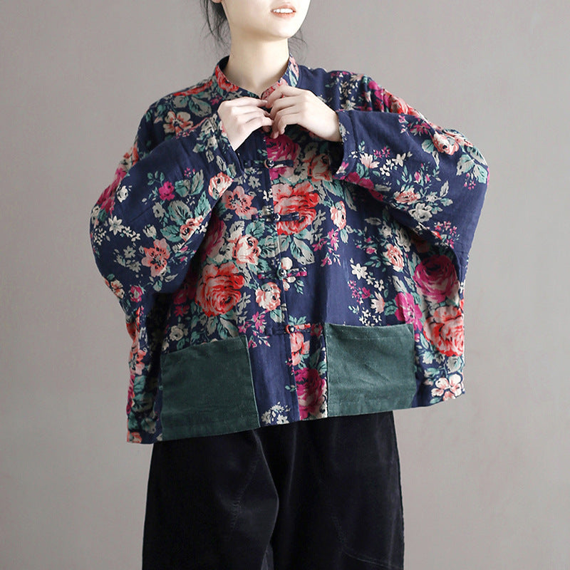 Vintage patchwork printed shirt, Chinese loose casual cotton linen jacket