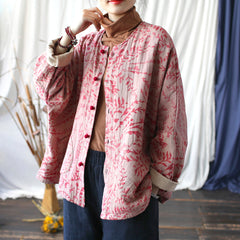 Red Printed Cotton  Linen Jacket ， Chinese Frog Button Jacket