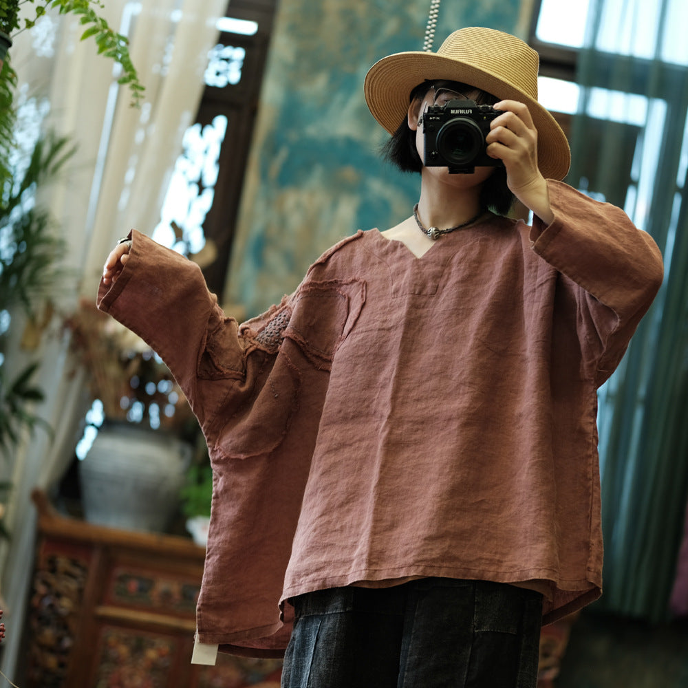 Vintage Embroidery Patchwork Ramie Long Sleeve Shirt, Vintage Pure Ramie Literary Hand Embroidered Applique Shirt Top 240621