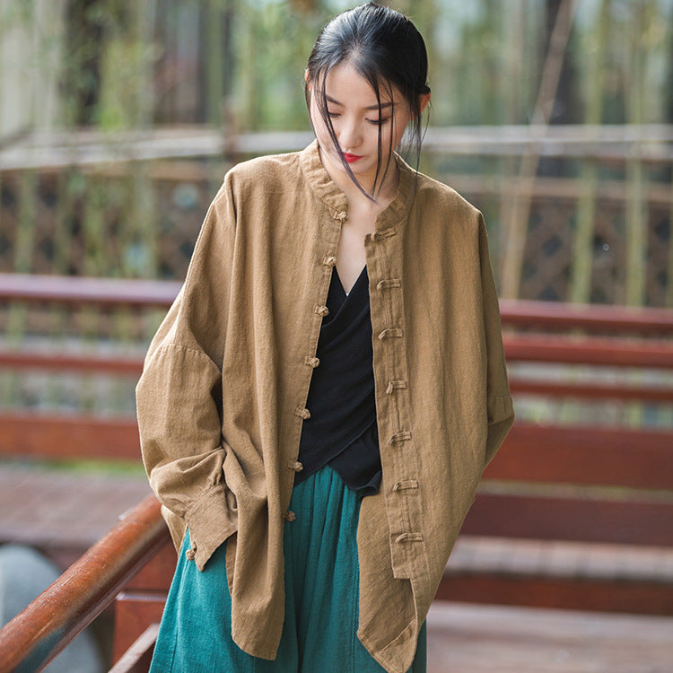 Vintage stand-up collar loose cotton linen shirt, Chinese casual linen frog button shirt plus size