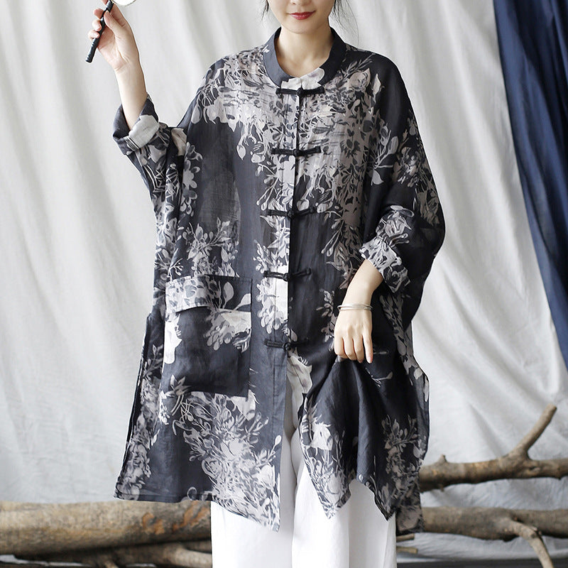 Vintage Chinese linen printed shirt, loose casual linen long shirt