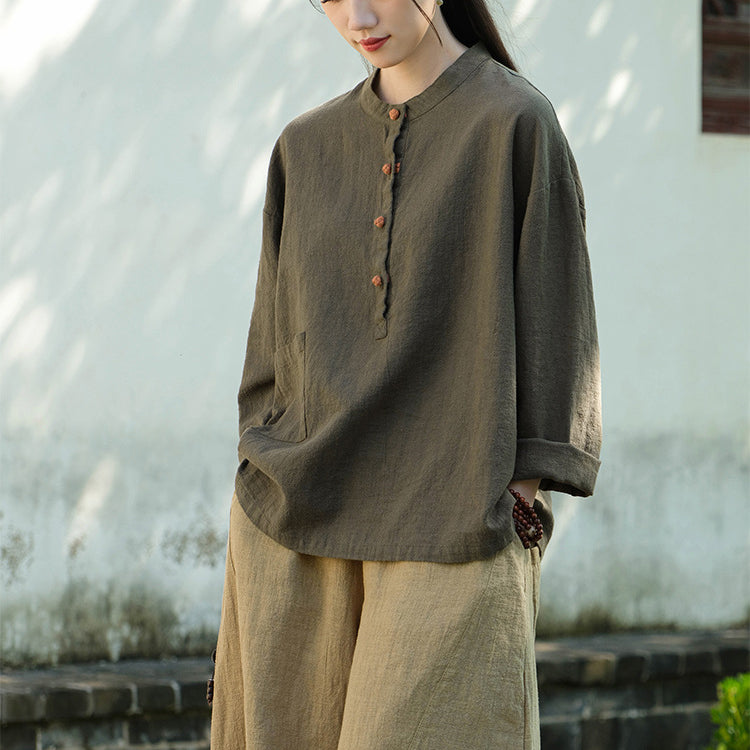 Standing collar linen shirt, vintage Chinese linen shirt