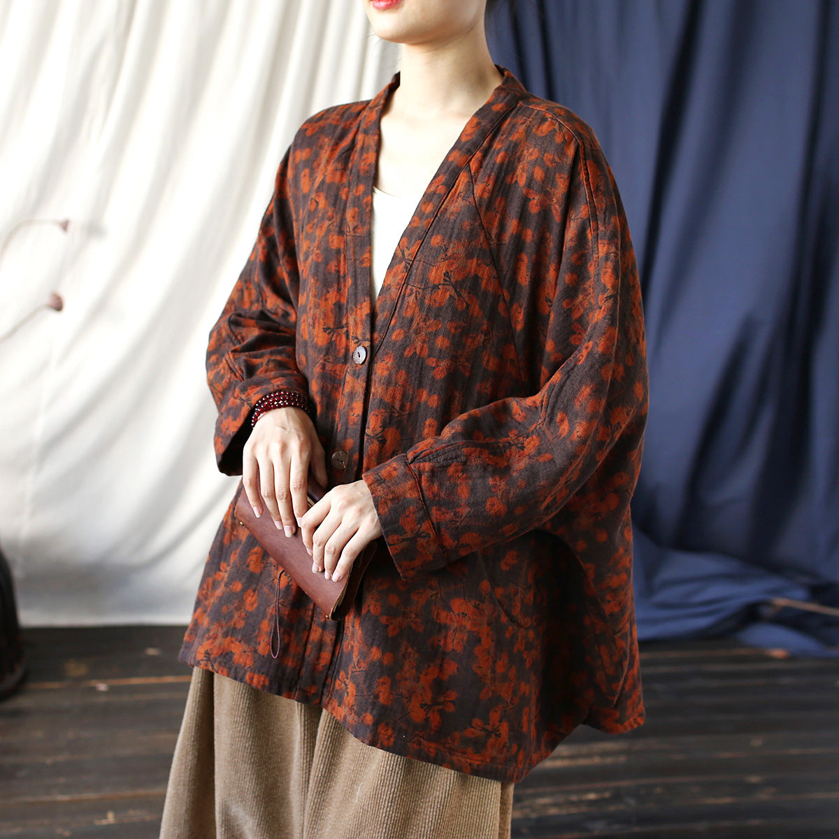 Vintage Printed Kimono, Chinese Loose Casual Cotton Linen Jacket