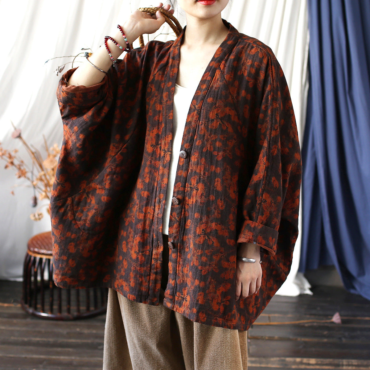 Vintage Printed Kimono, Chinese Loose Casual Cotton Linen Jacket