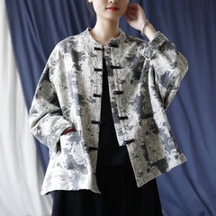 Chinese Vintage Standing Collar Printed Cotton Jacket,Loose Casual Jacket