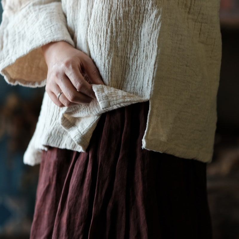 Vintage Patchwork Cotton Linen Shirt, Loose V-Neck Linen Top