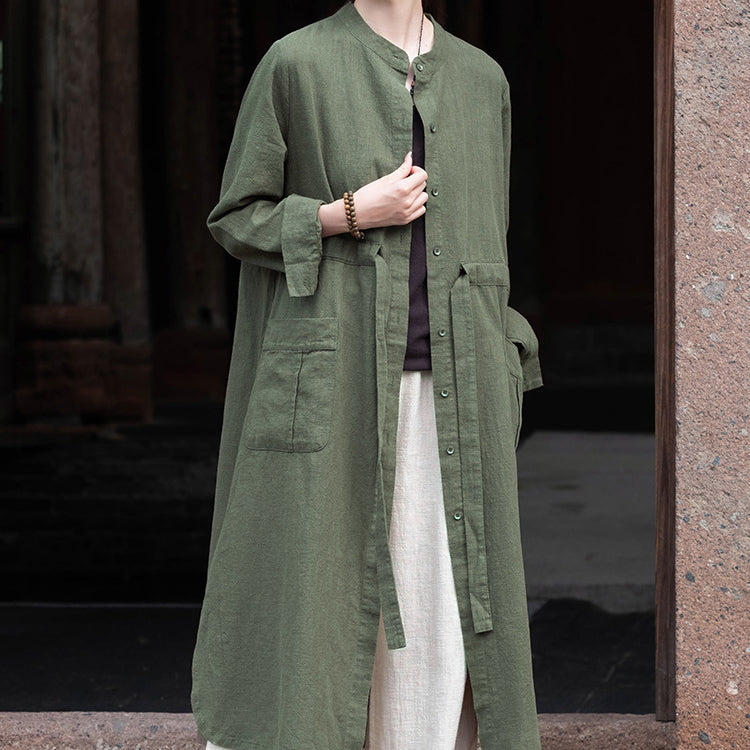 Long Sleeve Linen Long Shirt, Summer Standing Collar Cotton Jacket