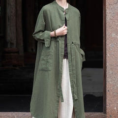 Long Sleeve Linen Long Shirt, Summer Standing Collar Cotton Jacket