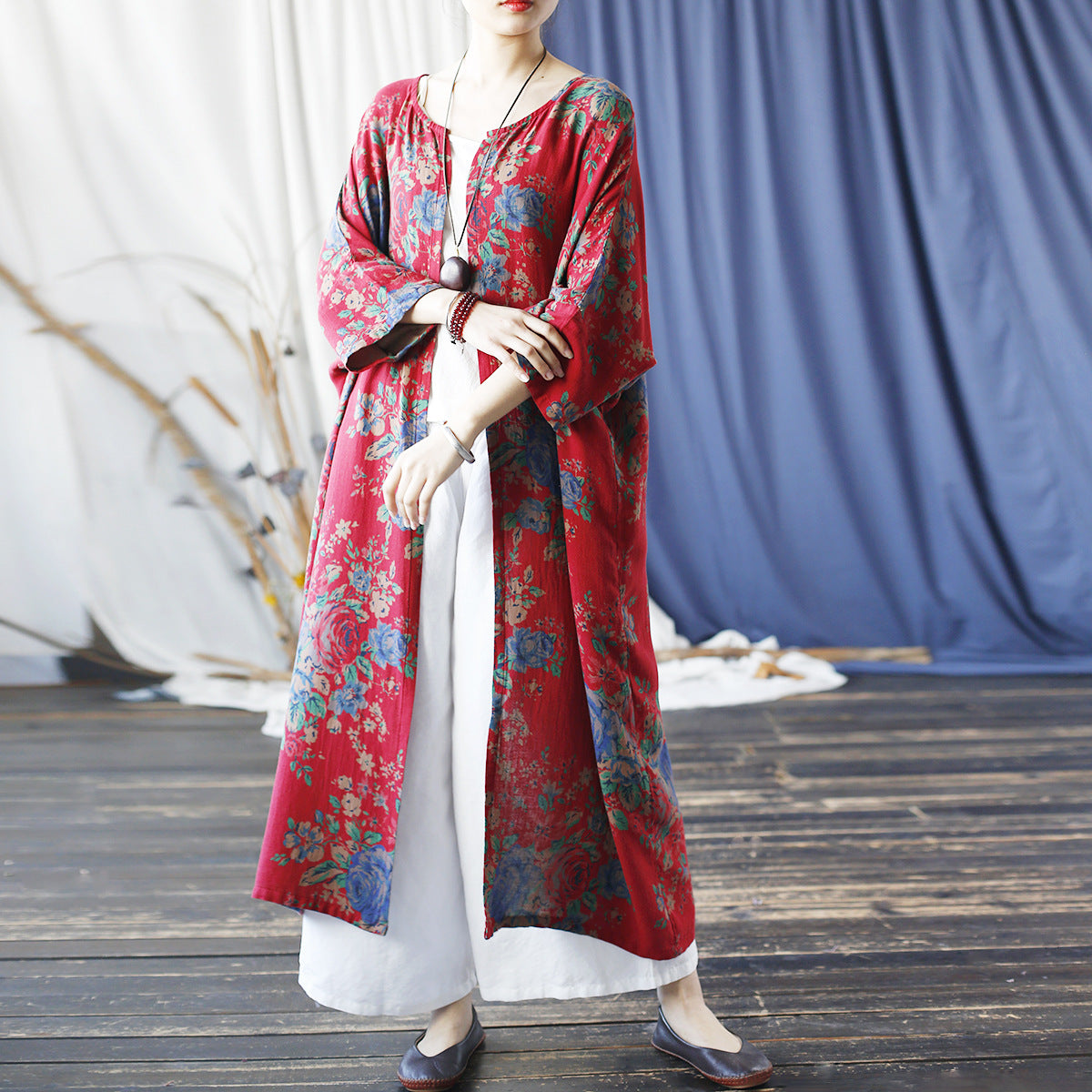 Red Loose Printed Dress, Floral Shirt Plus Size