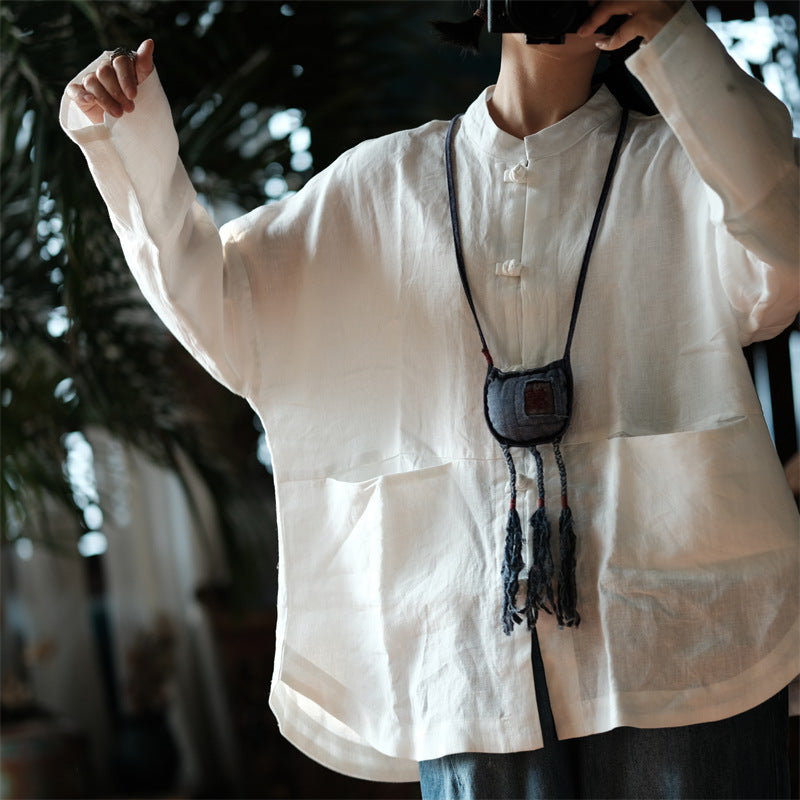 Vintage Chinese white linen shirt, linen frog button shirt