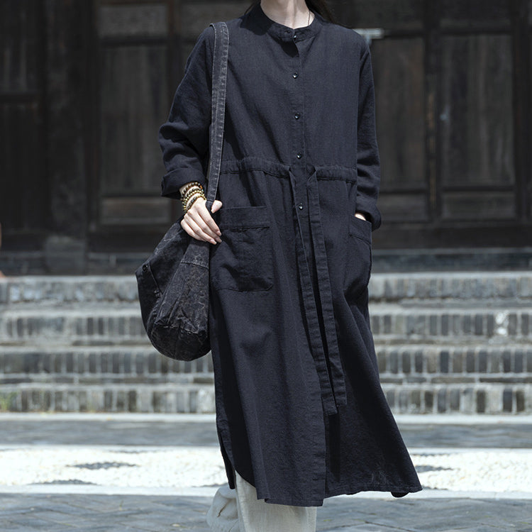 Long Sleeve Linen Long Shirt, Summer Standing Collar Cotton Jacket