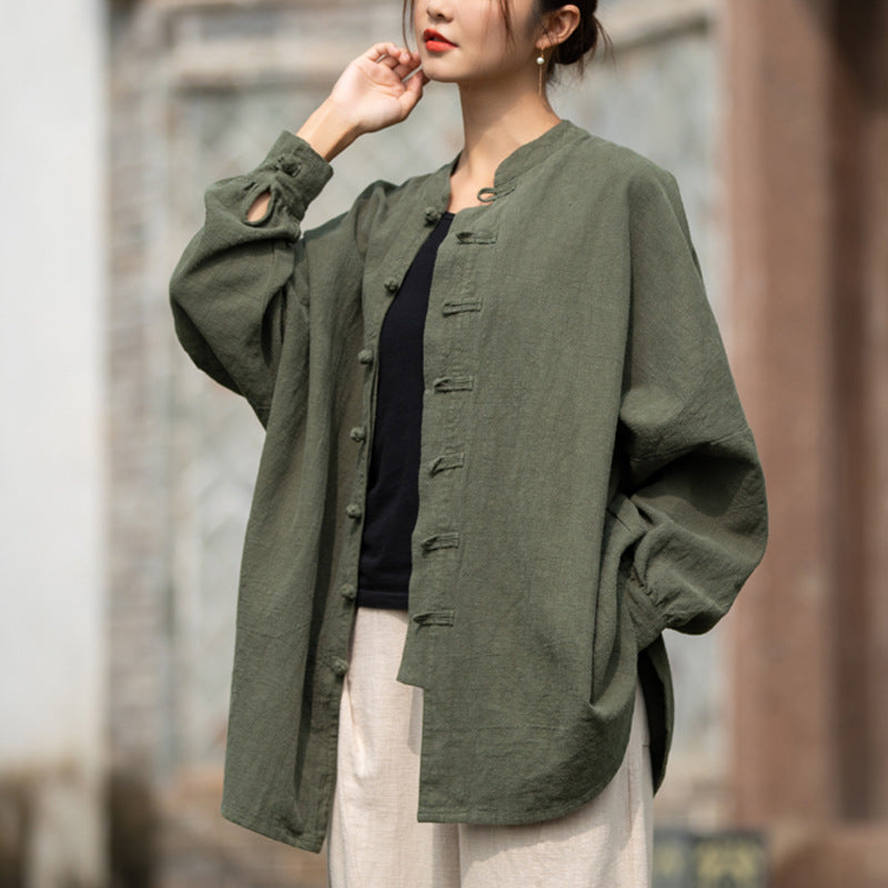 Loose Standing Collar Linen Shirt, Vintage Chinese Linen Shirt Plus size