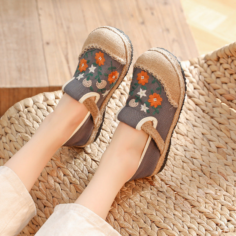 Summer cotton linen shoes, vintage embroidery linen shoes, women's summer casual shoes