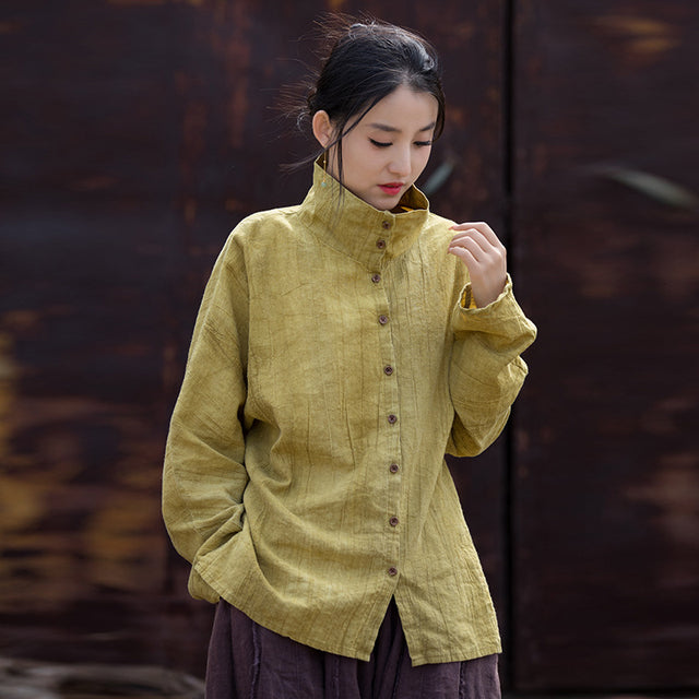 Chinese Button Wrinkled Linen Shirt Top