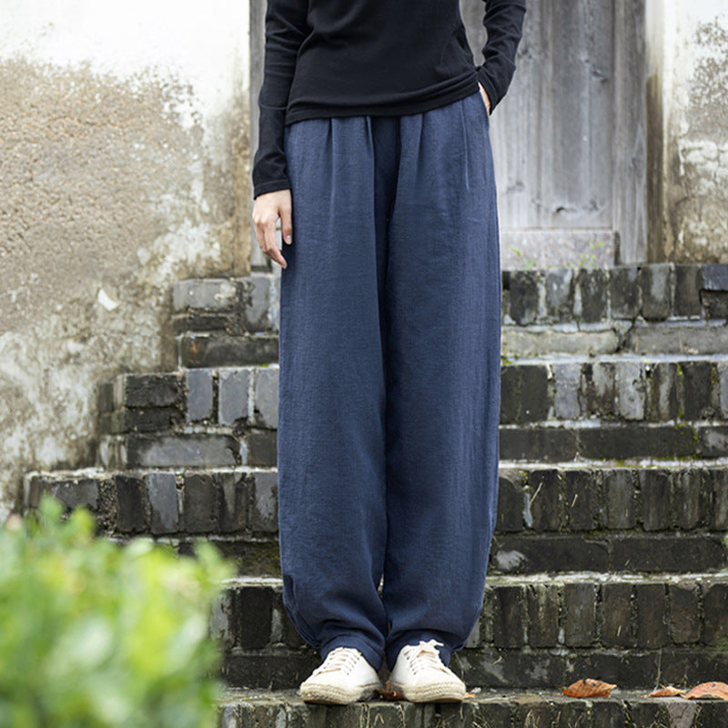 Winter linen wide leg pants, loose casual elastic waist linen pants